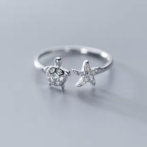 Sterling Silver 925 Sea Turtle And Starfish Ring